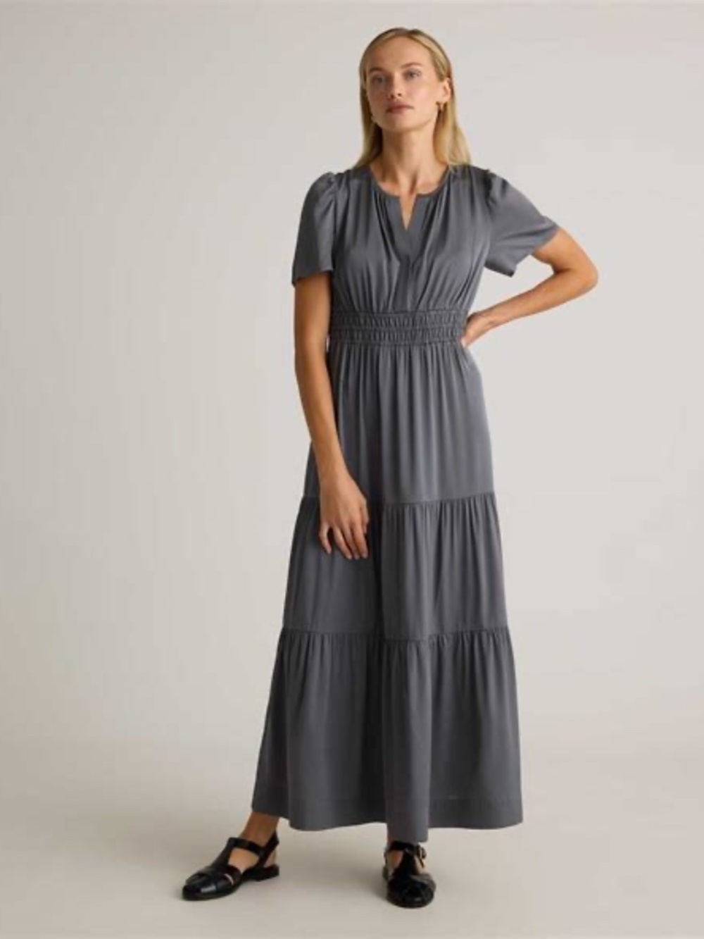 Quince Washable Silk Stretch Tiered Maxi Dress | Lava Smoke